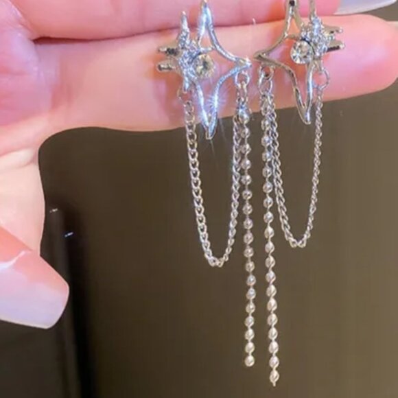 3/$35 Zirconia Star Tassel Chain Silver Tone Drop Dangle Earrings Women - Picture 5 of 5